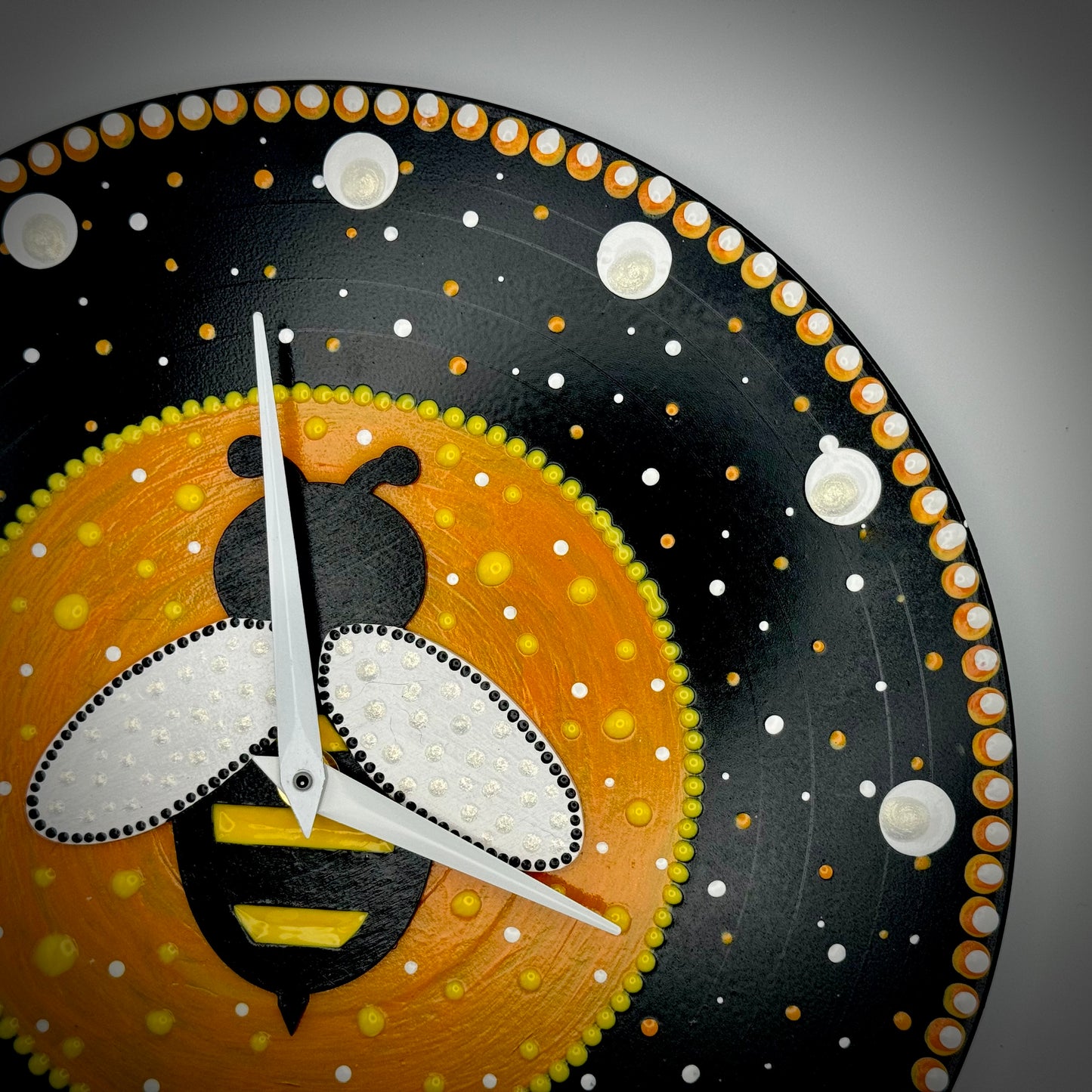 Album Record Vinyl Clocks; Beautiful Bee Mandala with Wood Inlay