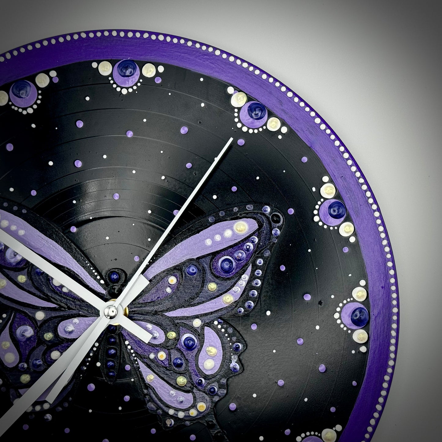 Album Record Vinyl Clocks; Purple Butterfly Mandala with Wood Inlay