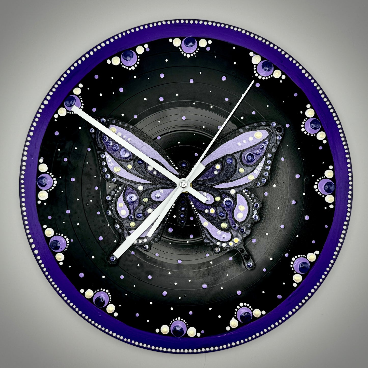 Album Record Vinyl Clocks; Purple Butterfly Mandala with Wood Inlay