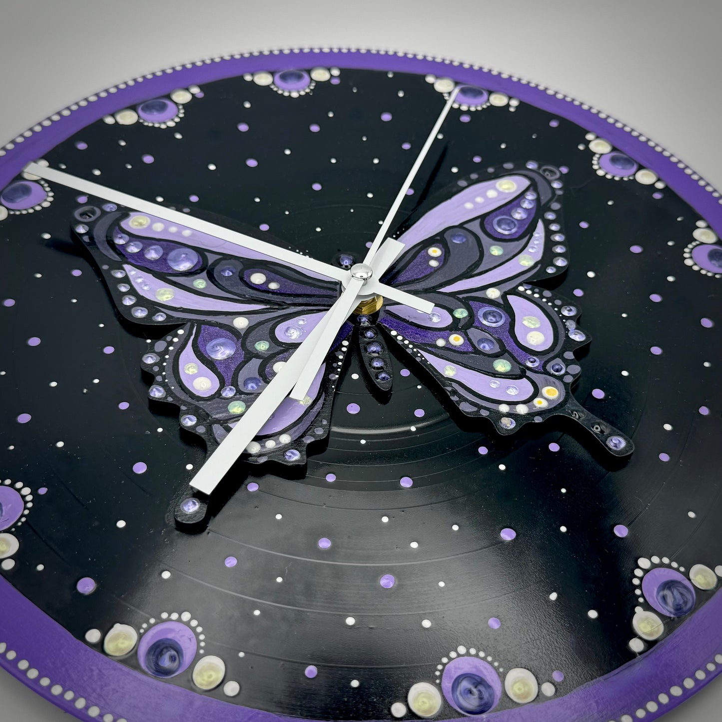 Album Record Vinyl Clocks; Purple Butterfly Mandala with Wood Inlay