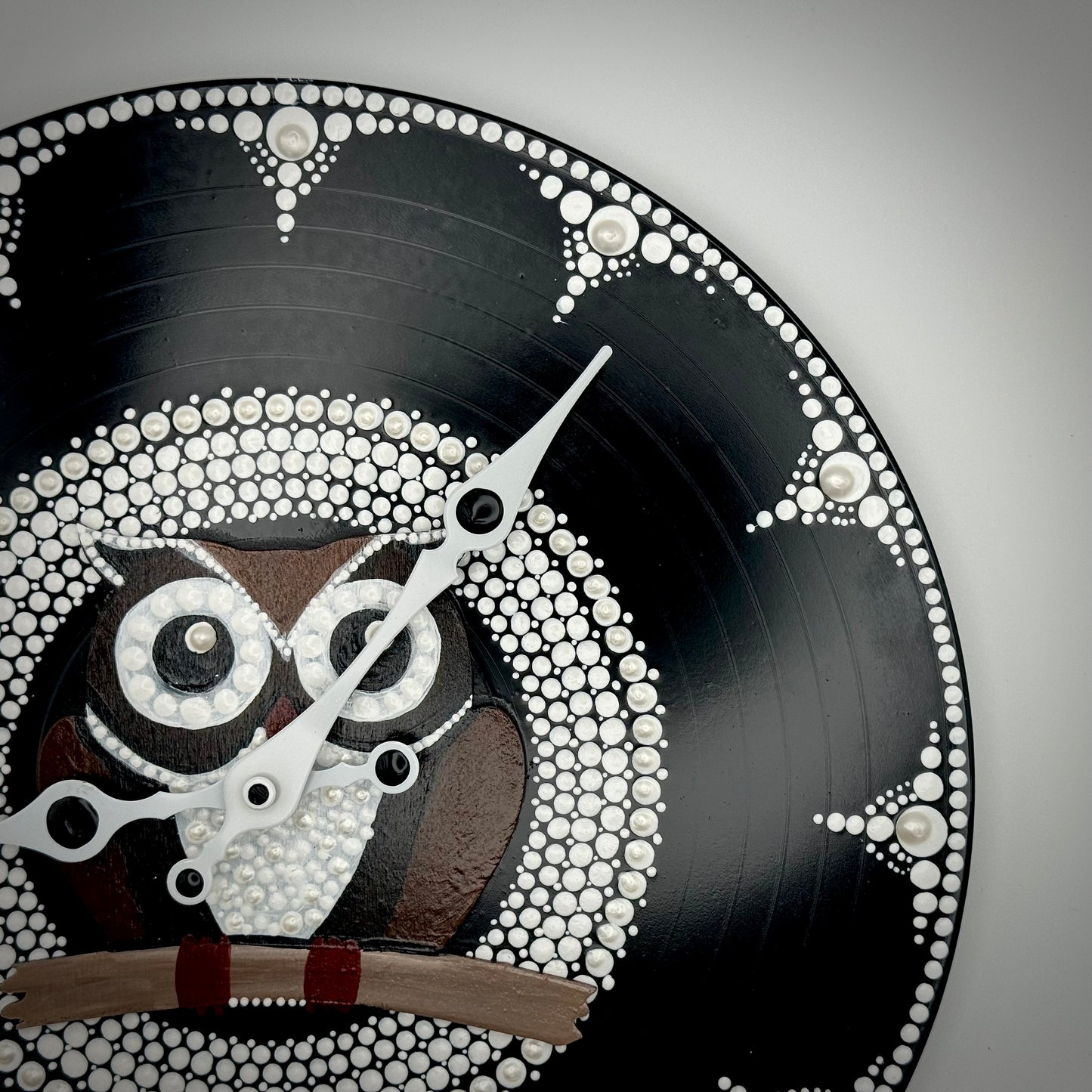 Album Record Vinyl Clocks; Barn Owl Mandala with Wood Inlay