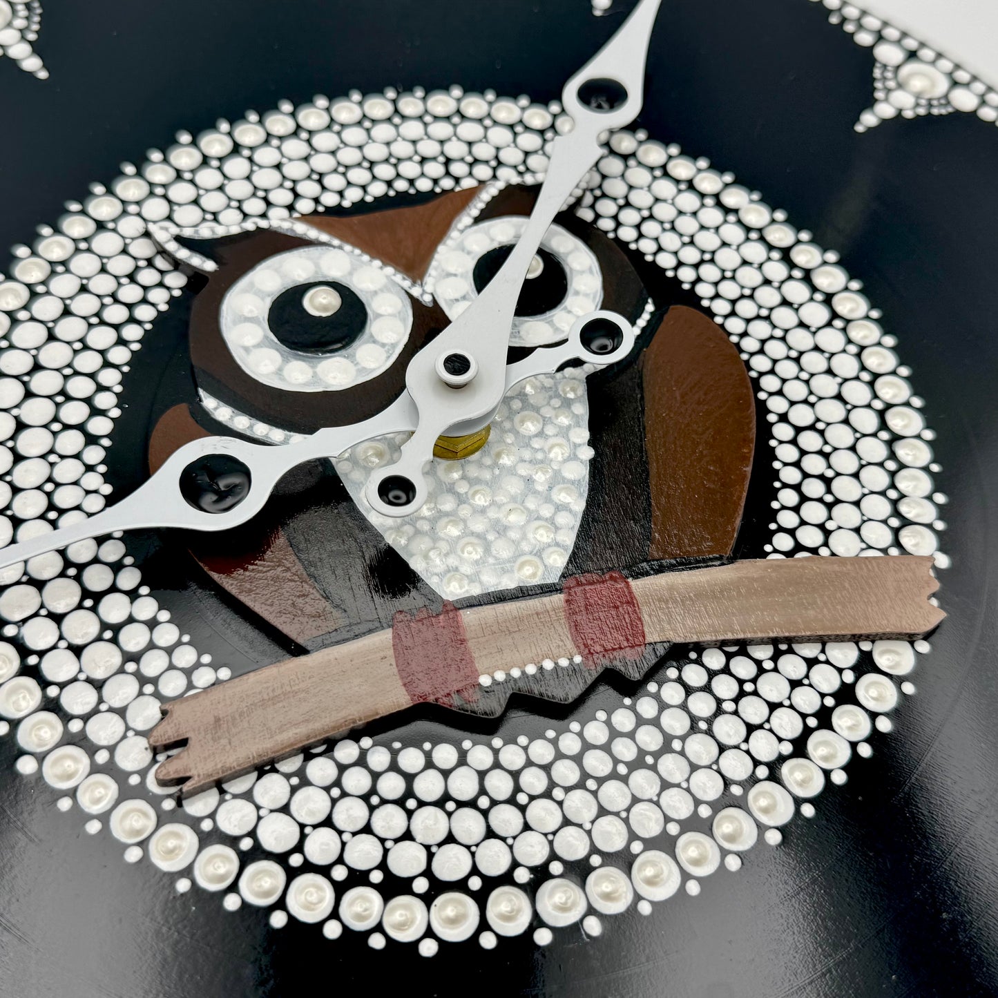 Album Record Vinyl Clocks; Barn Owl Mandala with Wood Inlay