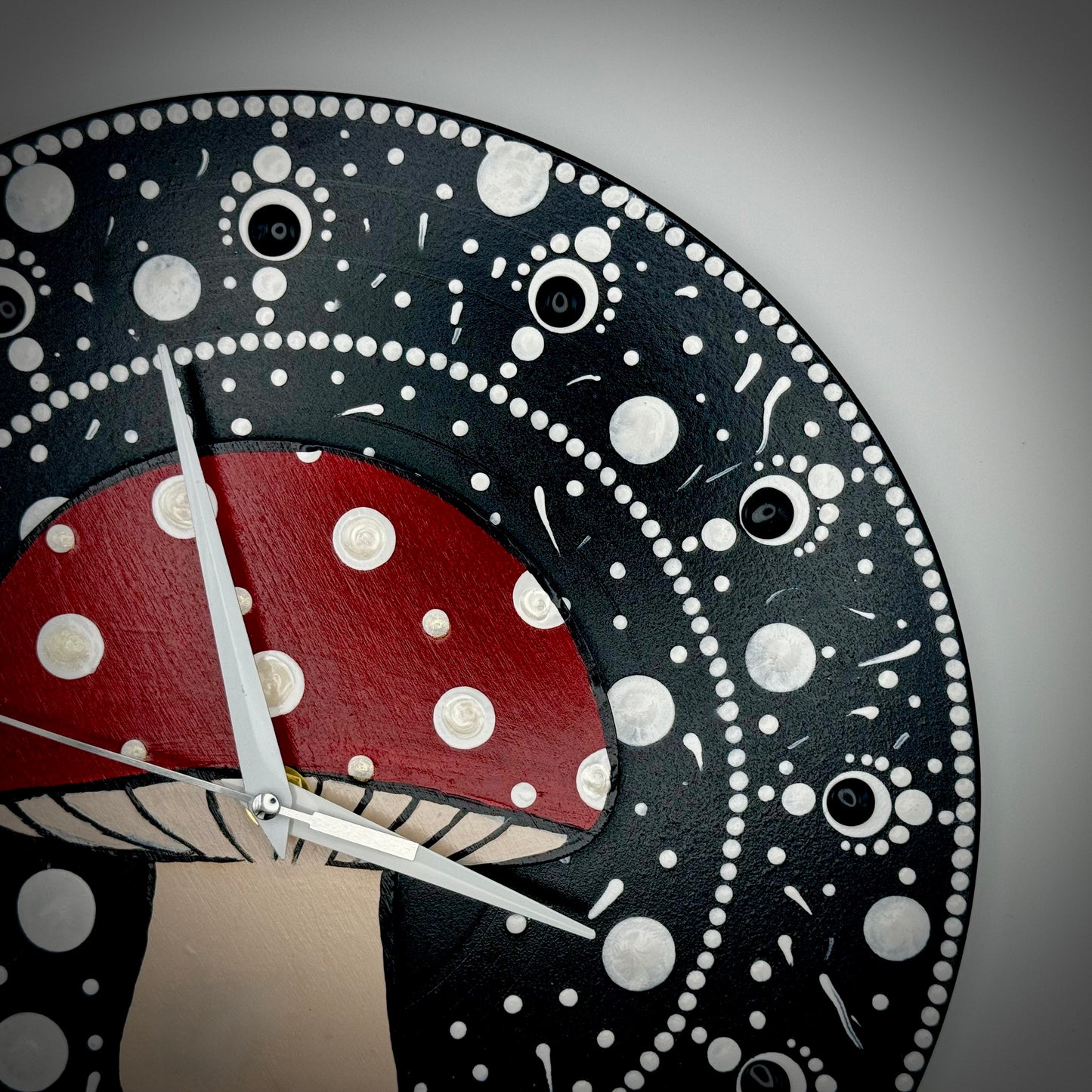 Album Record Vinyl Clocks; Magic Mushroom Red and White Dotted with Wood Inlay