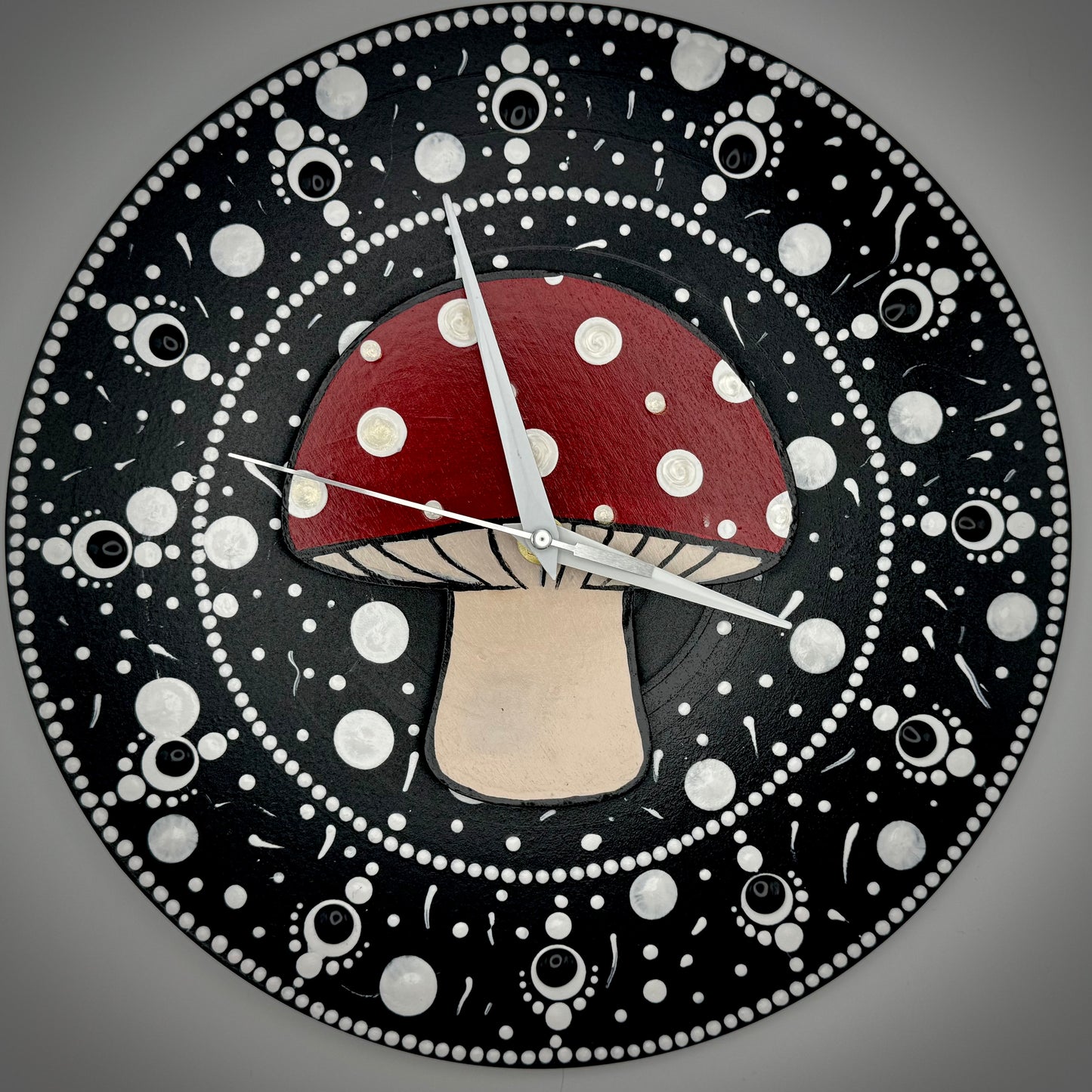 Album Record Vinyl Clocks; Magic Mushroom Red and White Dotted with Wood Inlay