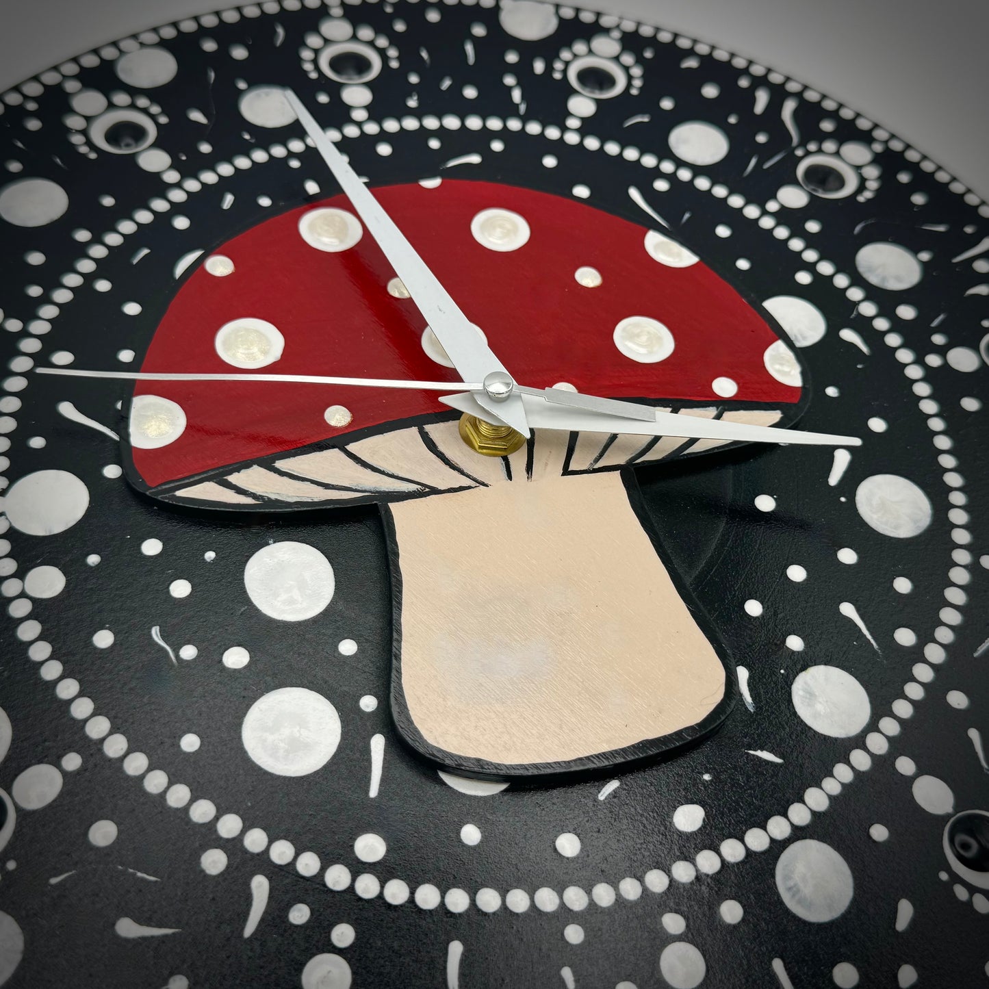 Album Record Vinyl Clocks; Magic Mushroom Red and White Dotted with Wood Inlay