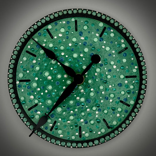 Art Clock on 45 Vinyl Record, Green Confetti Dots with Wood Inlay