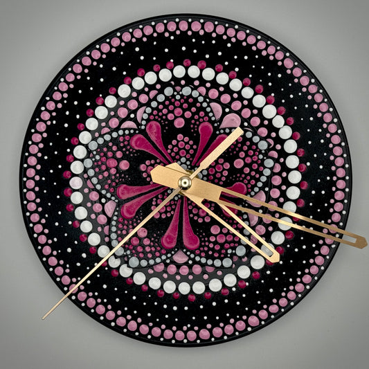 Art Clock on 45 Vinyl Record, Pops of Pink with Wood Flower Inlay