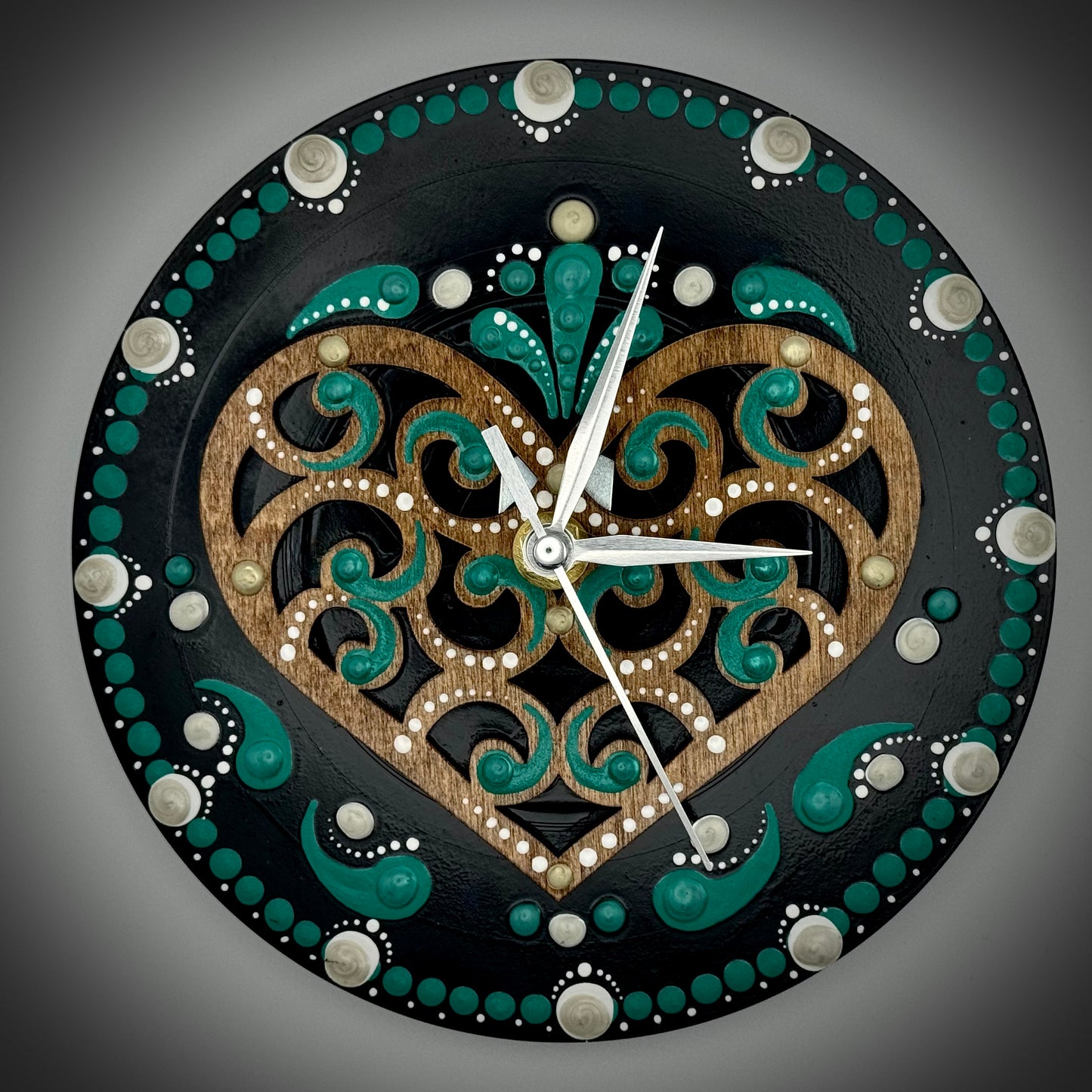 Art Clock on 45 Vinyl Record, Emerald Green Mandala with Wood Heart Inlay