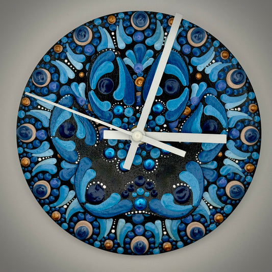 Art Clock on 45 Vinyl Record, Dog Paw in Blue Mandala with Wood Inlay