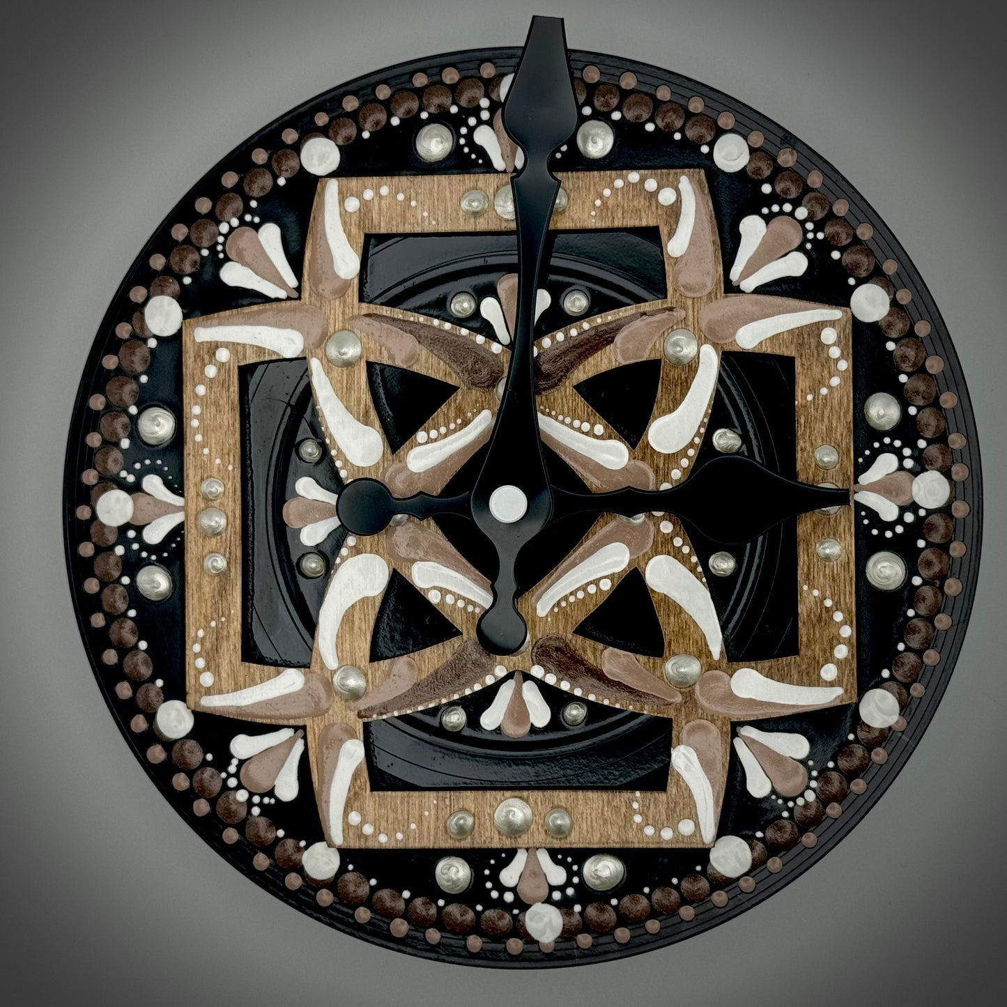 Art Clock on 45 Vinyl Record, Brown Tones Mandala with Wooden Inlay