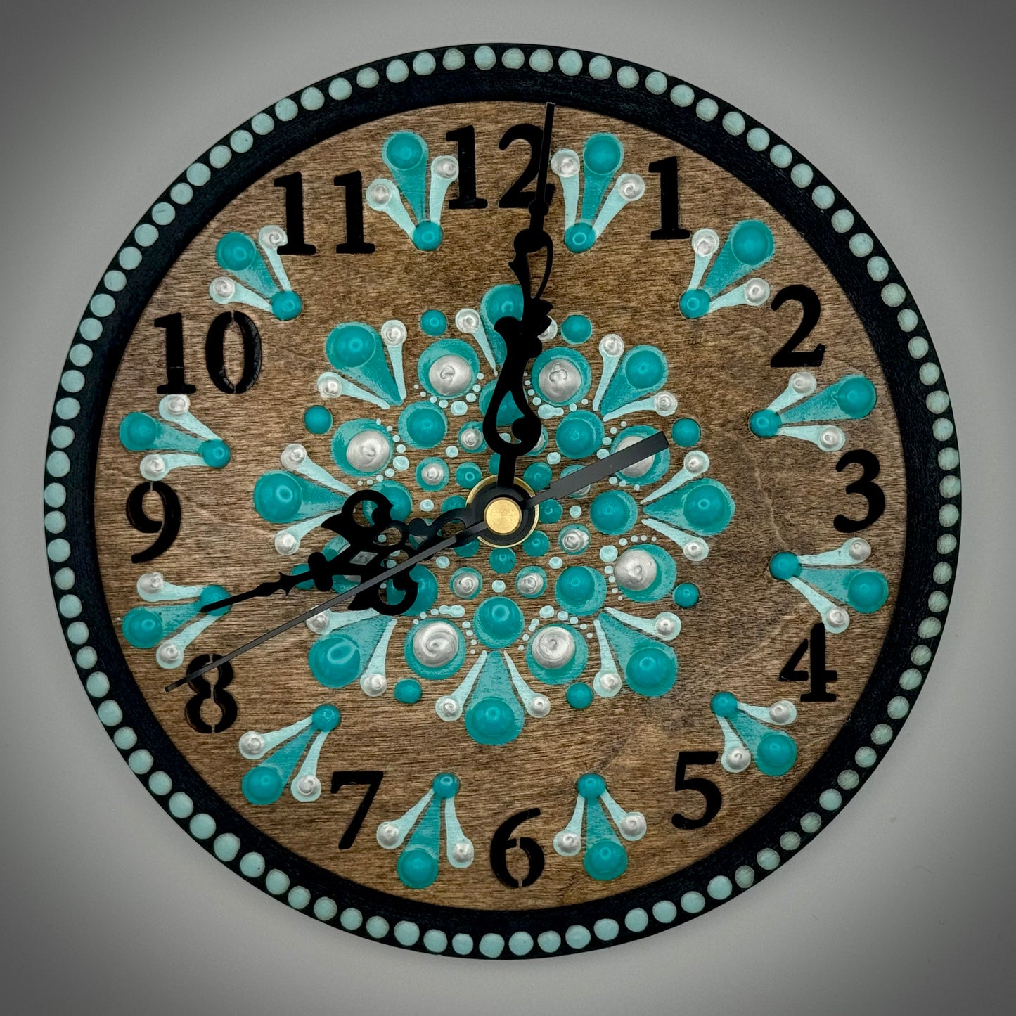 Art Clock on 45 Vinyl Record, Turquoise Mandala with Wood Inlay