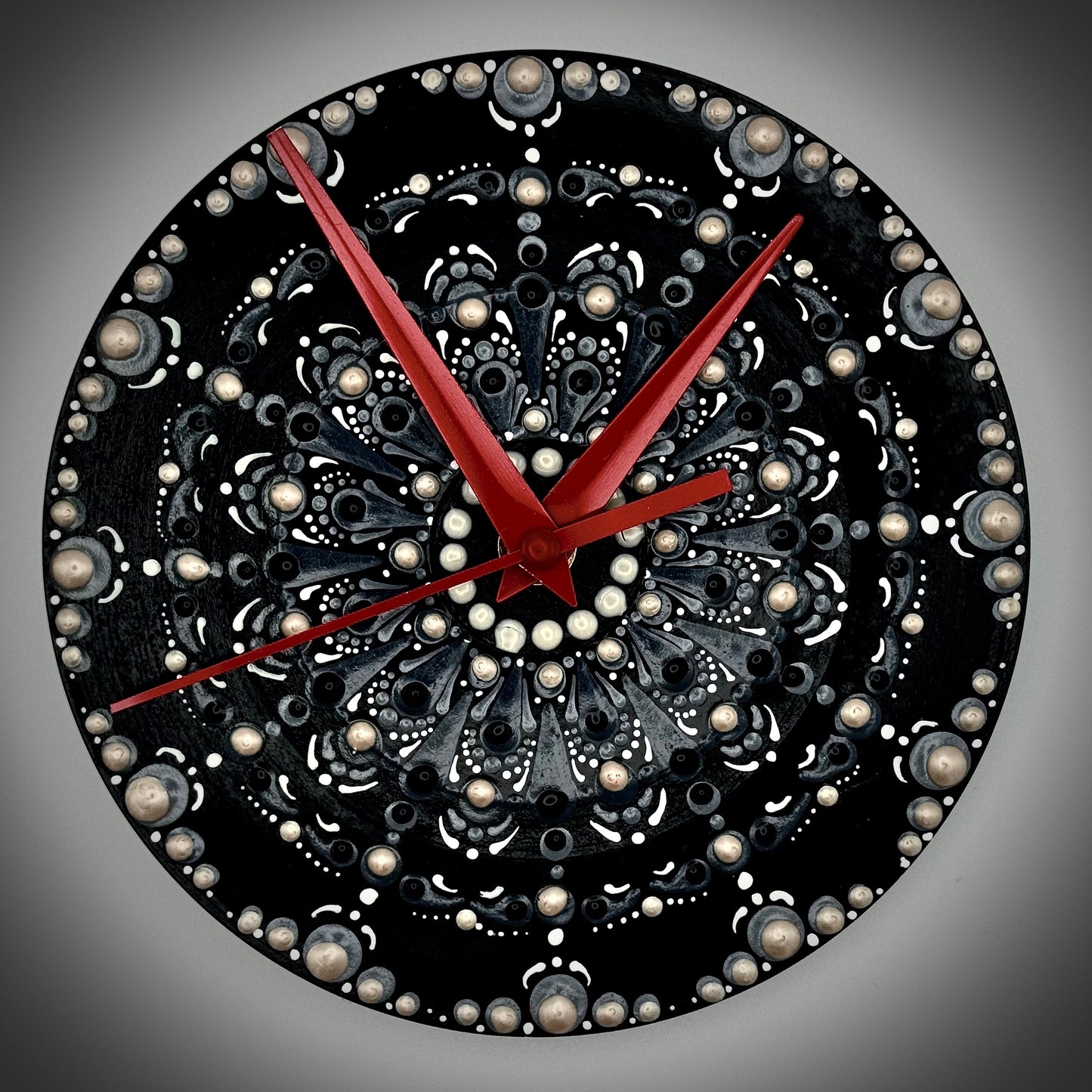 Art Clock on 45 Vinyl Record, Black Monochrome Mandala with Red Hands