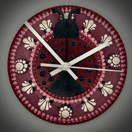 Art Clock on 45 Vinyl Record, Red and Black Ladybug, Wooden Inlay