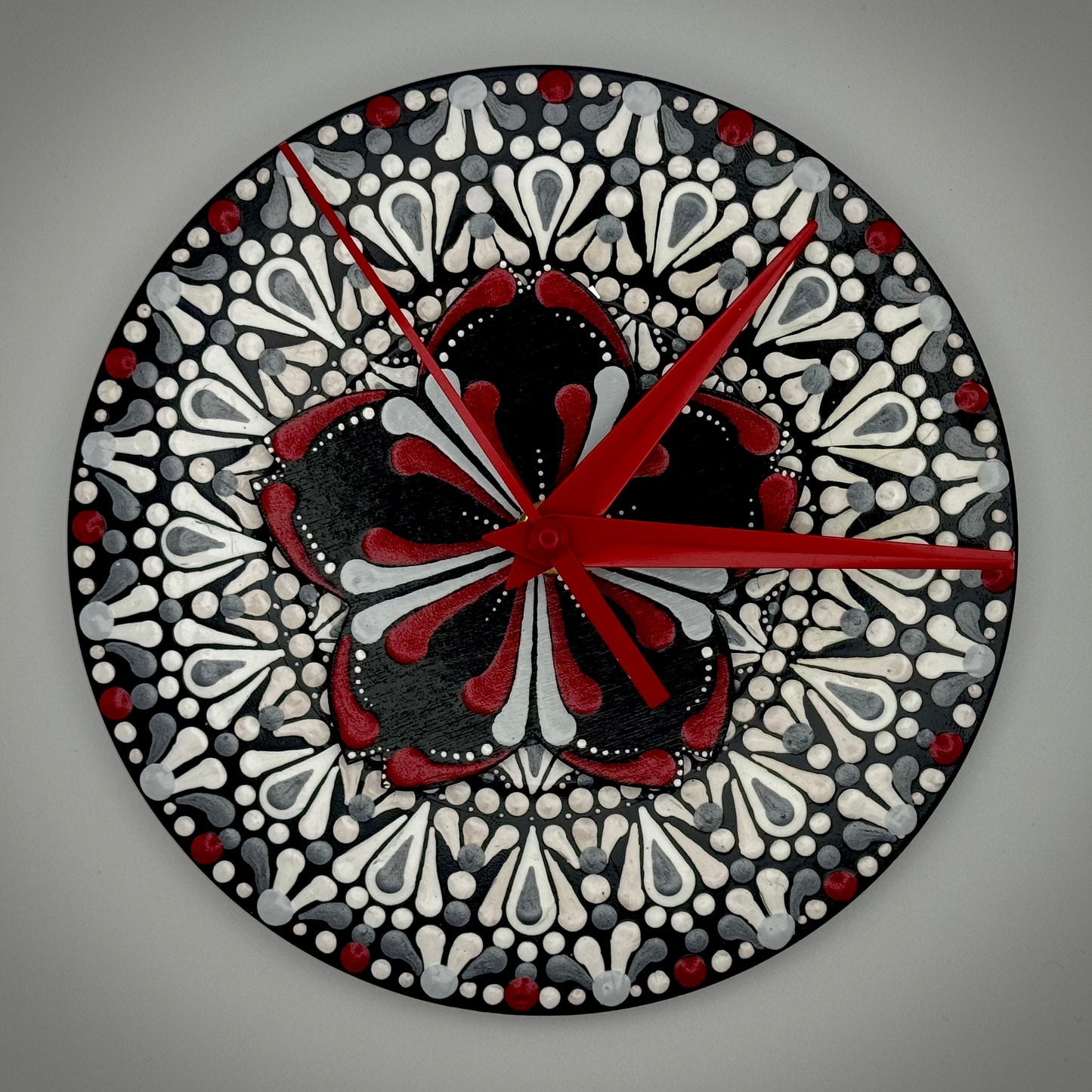 Art Clock on 45 Vinyl Record, Vibrant Red and Black Mandal, Wooden Flower Inlay