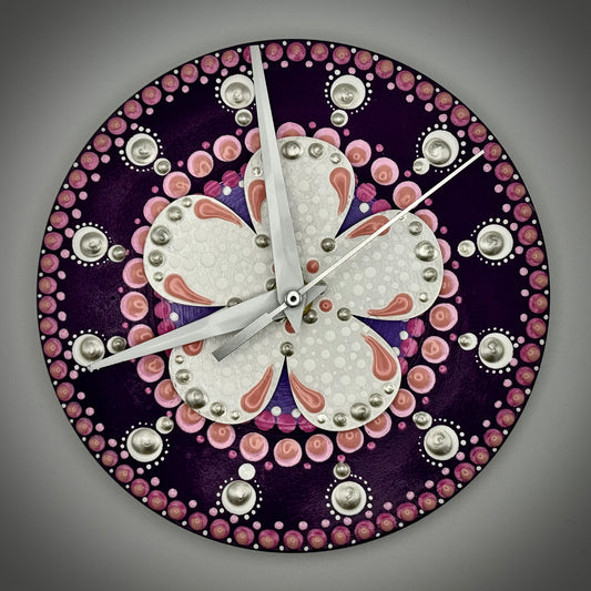 Art Clock on 45 Vinyl Record, Pink and Black Mandala, Wooden Flower Inlay