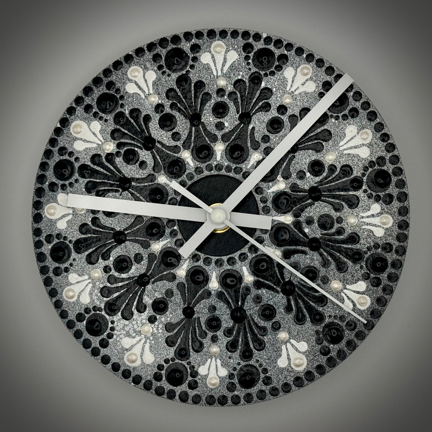 Art Clock on 45 Vinyl Record, Black & White Monochrome Mandala