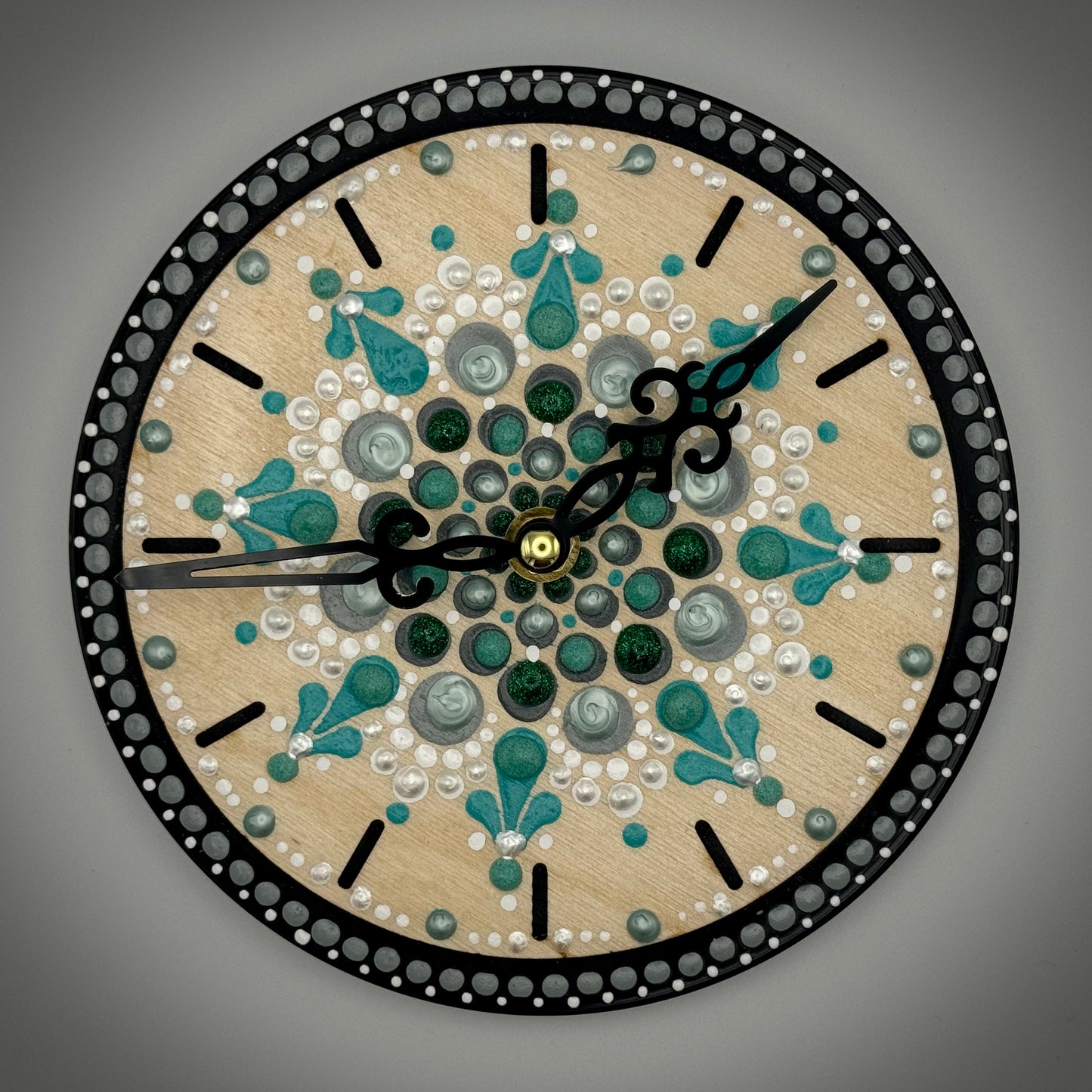 Art Clock on 45 Vinyl Record, Teal and Turquoise Mandala, Wooden Laser Inlay