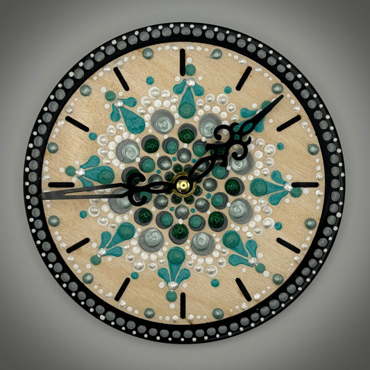 Art Clock on 45 Vinyl Record, Teal and Turquoise Mandala, Wooden Laser Inlay