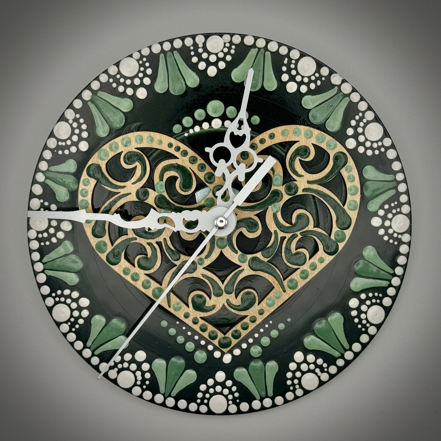 Art Clock on 45 Vinyl Record, Emerald Green with Heart Wood Inlay