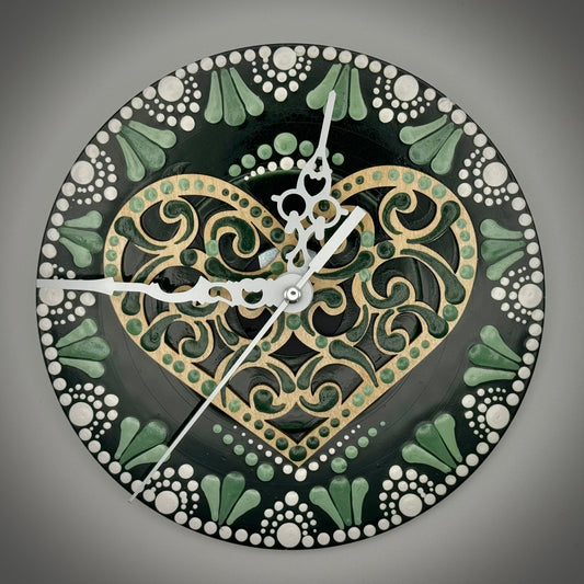 Art Clock on 45 Vinyl Record, Emerald Green with Heart Wood Inlay