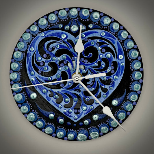 Art Clock on 45 Vinyl Record, Blue Swirl Heart Mandala, Wooden Inlay