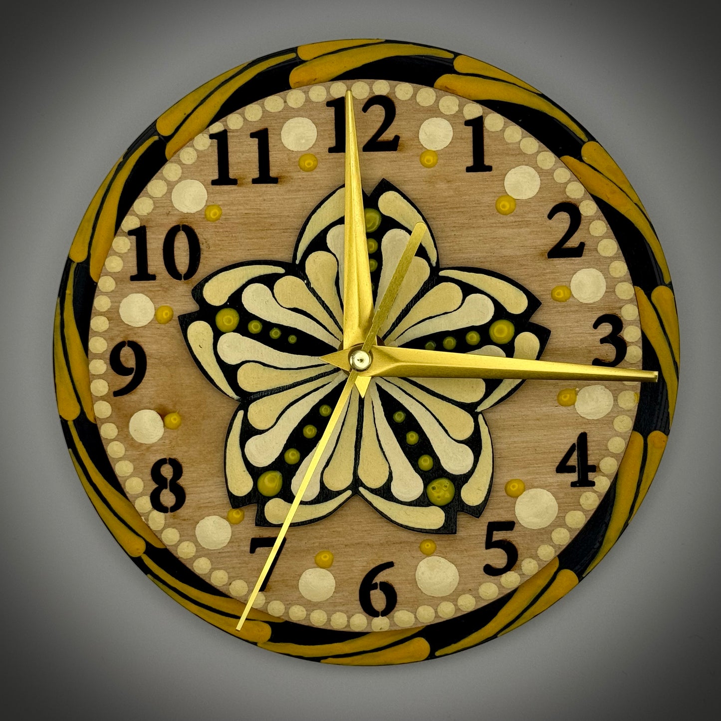 Art Clock on 45 Vinyl Record, Pale Yellow with Raised Wooden Flower Inlay