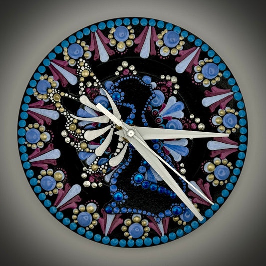 Art Clock on 45 Vinyl Record, Baby Blue and Pink Mandala, Raised Wooden Fairy Inlay