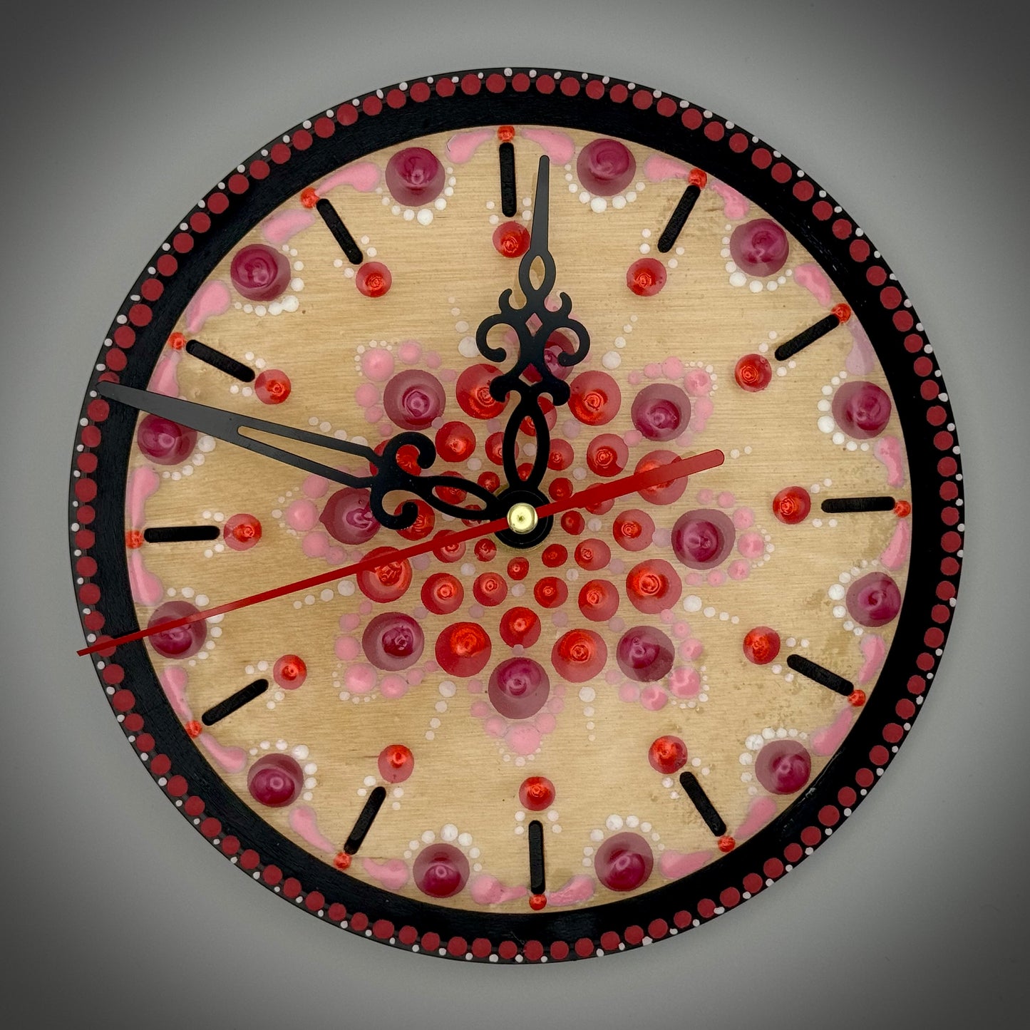 Art Clock on 45 Vinyl Record, Candy Red and Pink Mandala with Wood Inlay