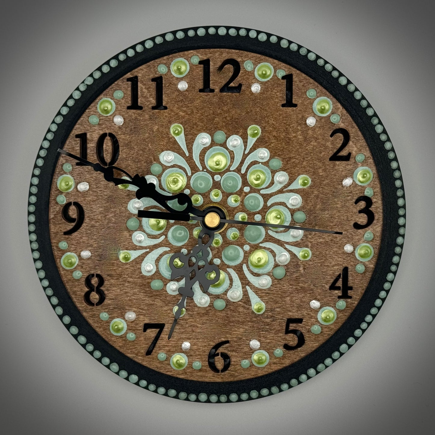 Art Clock on 45 Vinyl Record, Shimmer Green Mandala, Wooden Laser Inlay