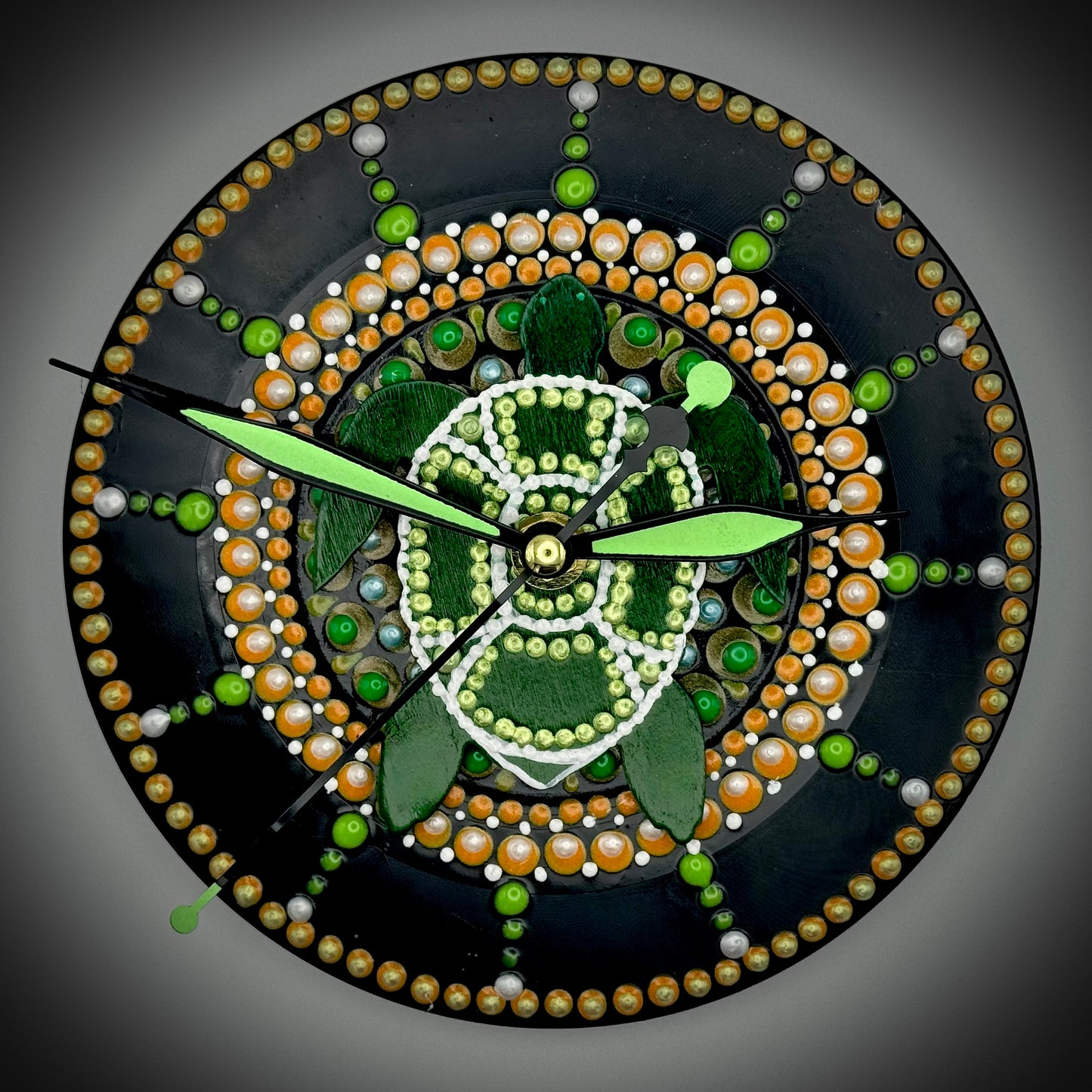 Art Clock on 45 Vinyl Record, Green and Gold Turtle Mandala with Wooden Inlay