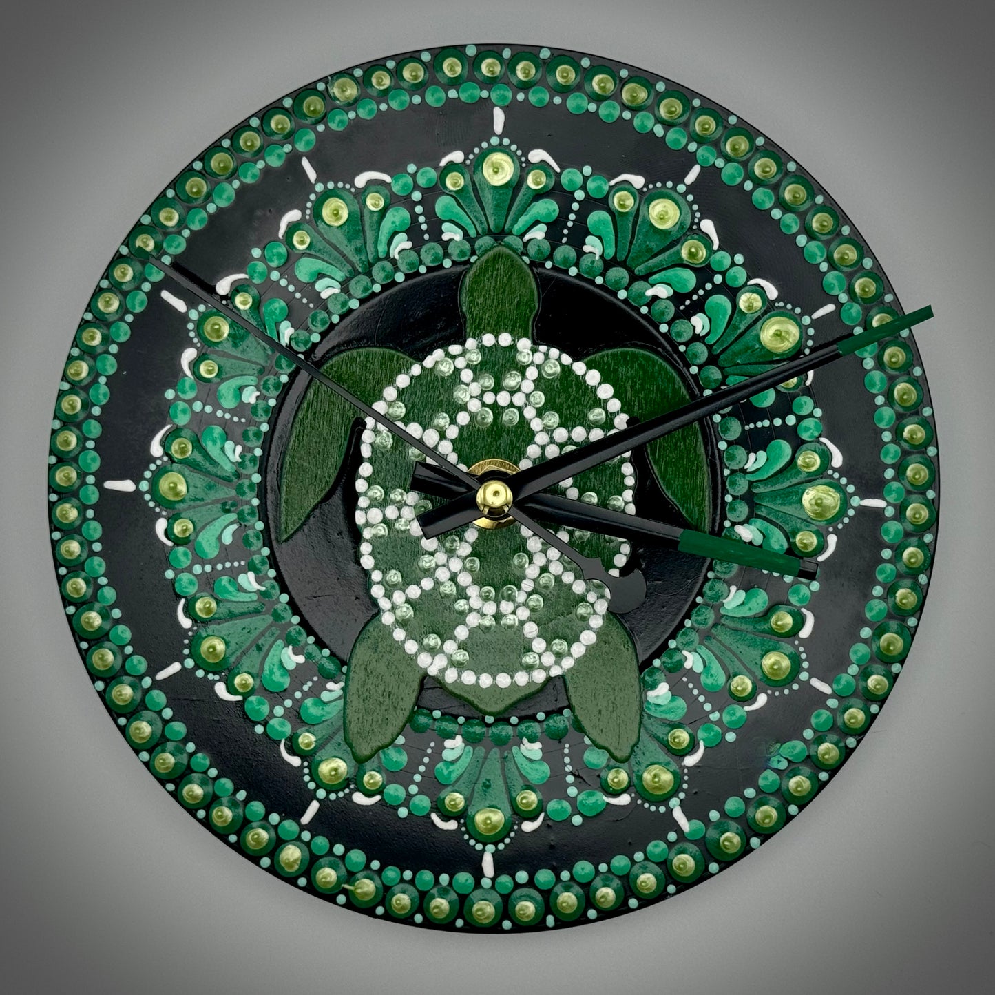 Art Clock on 45 Vinyl Record, Green Turtle Mandala with Wooden Inlay