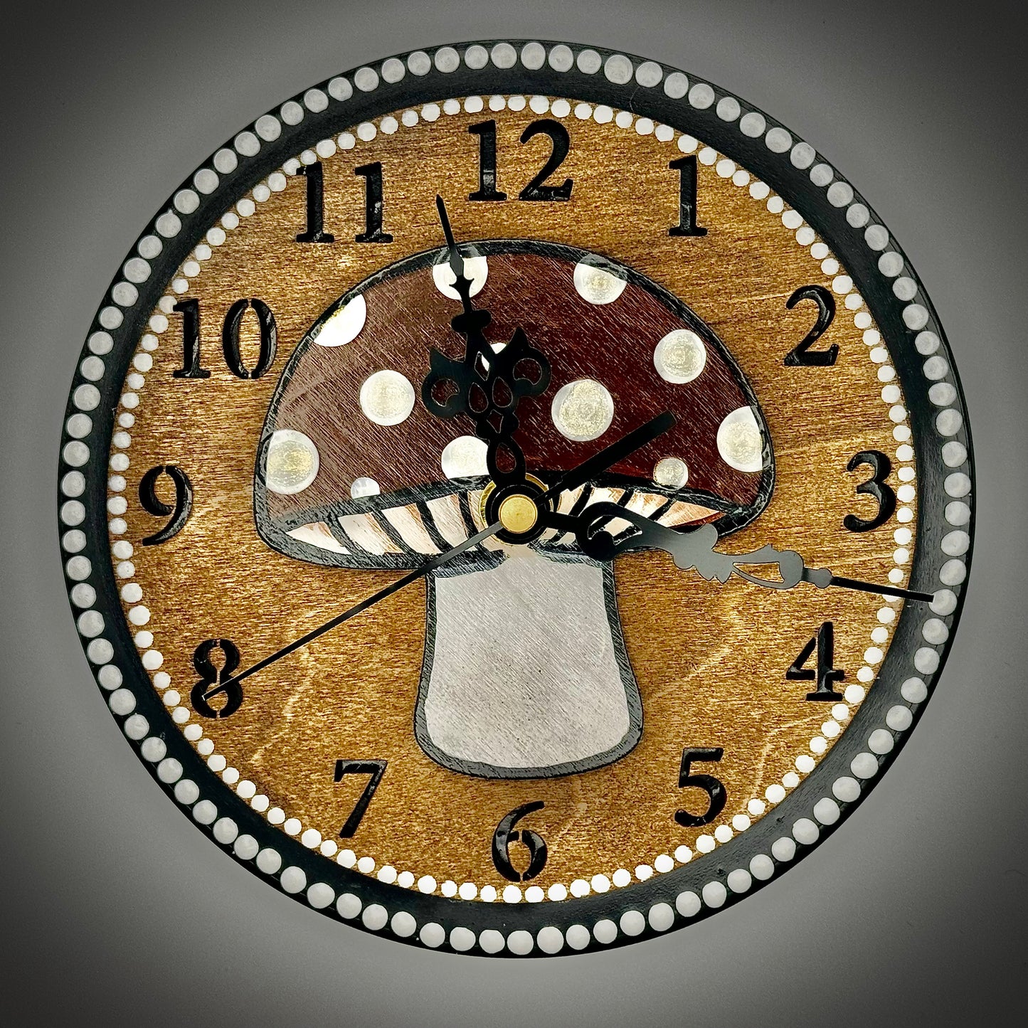 Art Clock on 45 Vinyl Record, Mushroom Design with Wooden Inlay