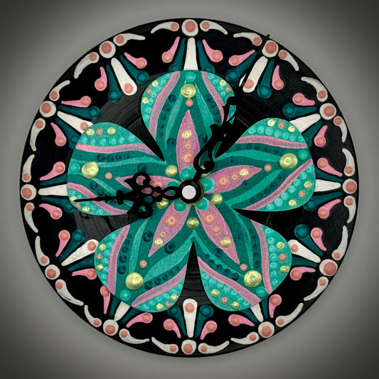 Art Clock on 45 Vinyl Record, Teal and Pink Mandala, Raised Wooden Flower Inlay