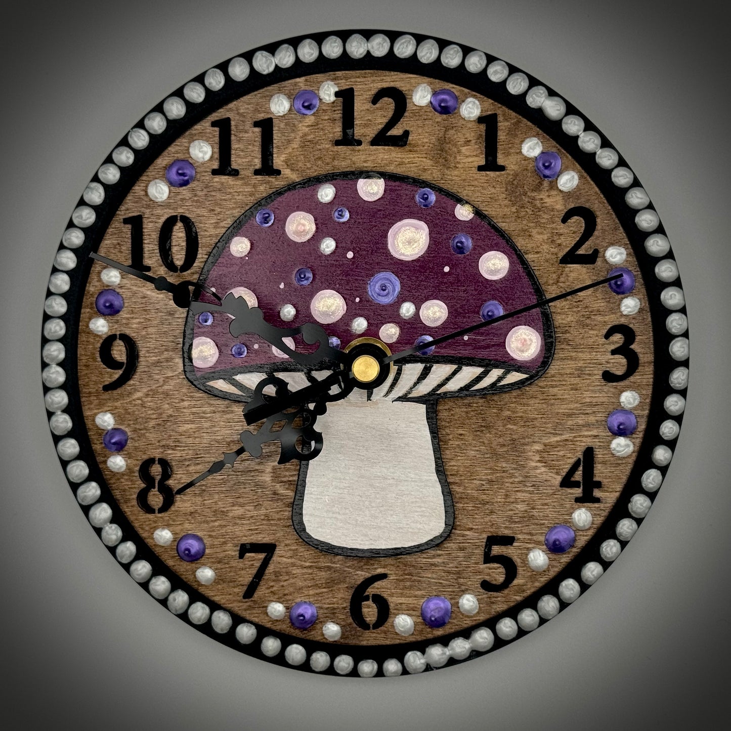 Art Clock on 45 Vinyl Record, Purple Mushroom Design with Laser Wooden Inlay