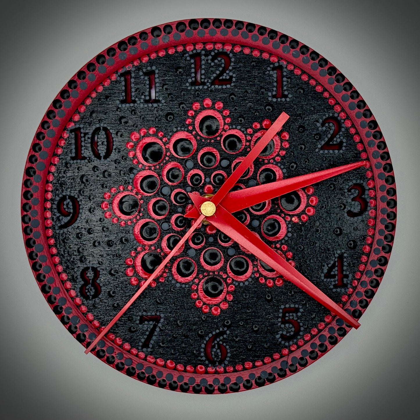 Art Clock on 45 Vinyl Record, Vibrant Black & Red Mandala