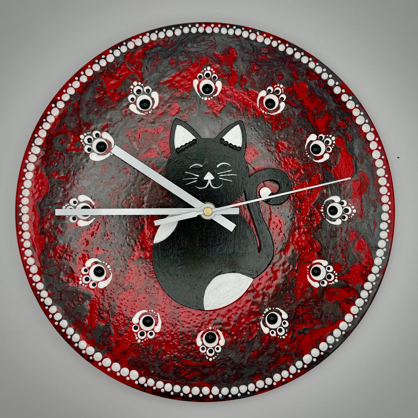 Album Record Vinyl Clocks; Paint Pouring Black and White Wooden Cat