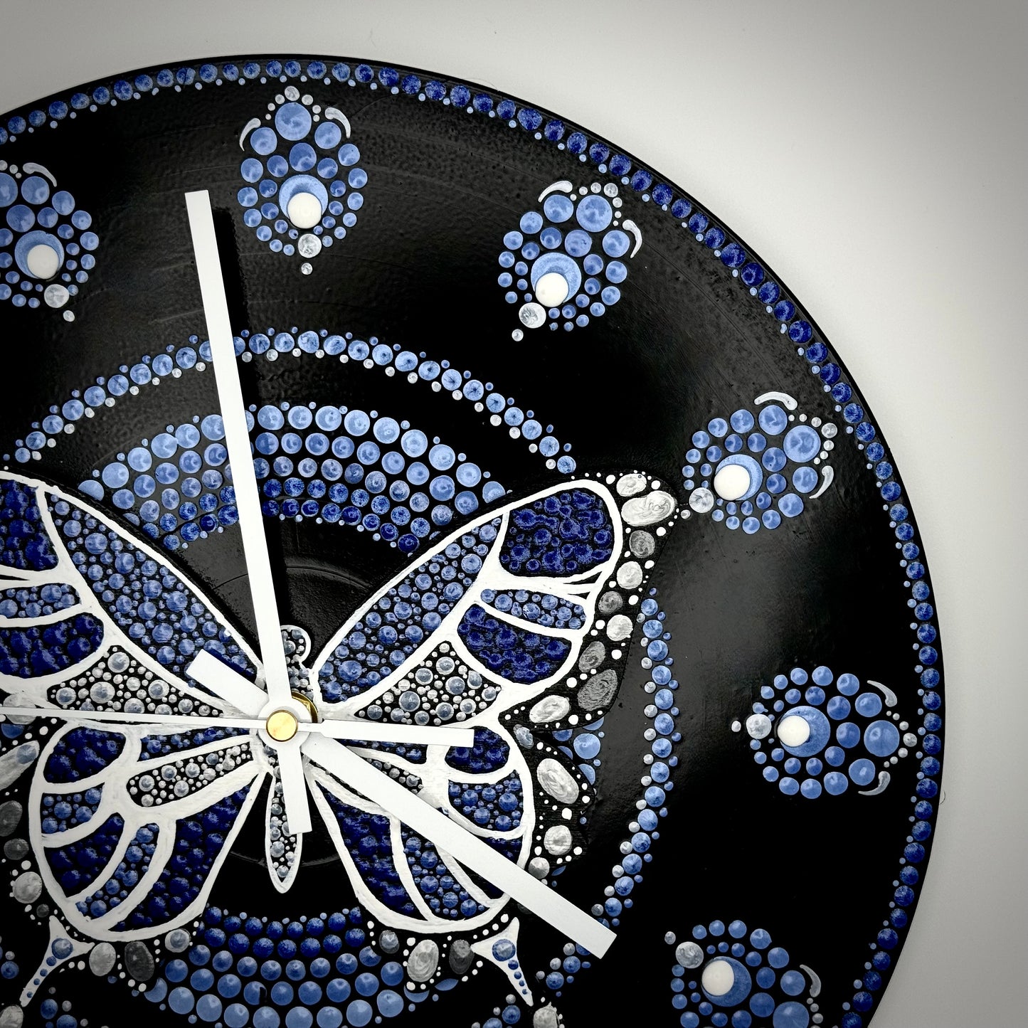 Album Record Vinyl Clocks; Blue Butterfly Mandala with Wood Inlay