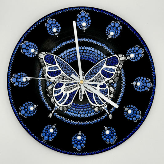 Album Record Vinyl Clocks; Blue Butterfly Mandala with Wood Inlay