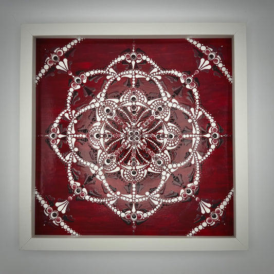 Ornate Open-Frame Deep Wine Red & White Mandala with Black Iridescent Accents