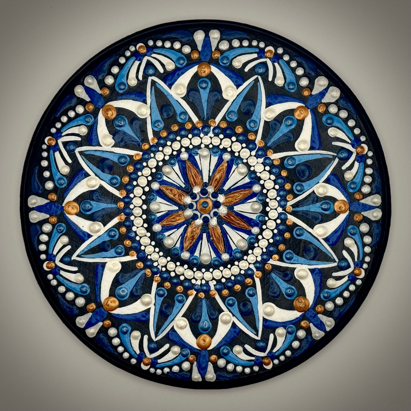 Vibrant Blue and Copper Mandala Painting on Wood