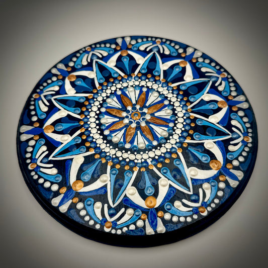 Vibrant Blue and Copper Mandala Painting on Wood