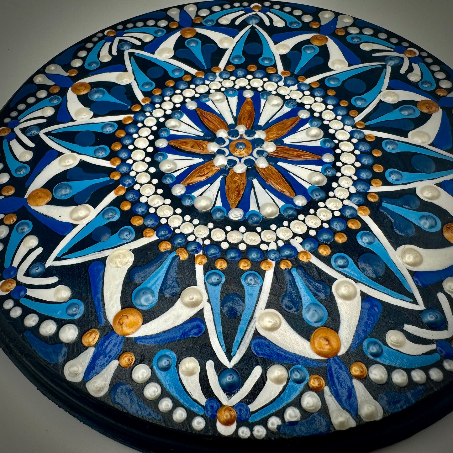 Vibrant Blue and Copper Mandala Painting on Wood