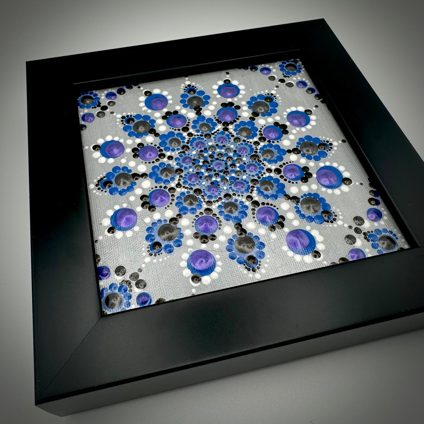 Silver and Blue Framed Mandala Dot Painting