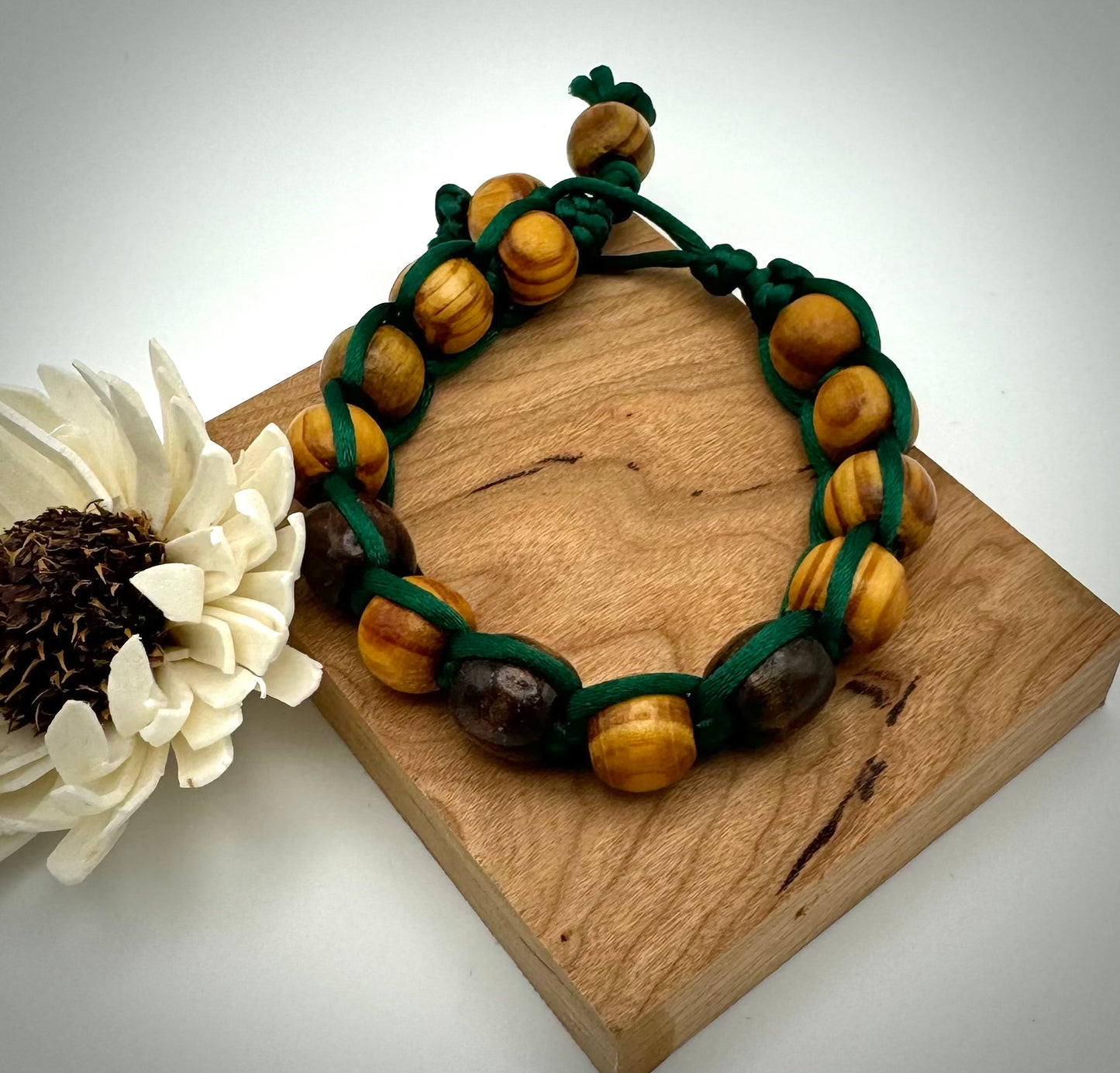 Wooden Stained Beads Bracelet with Green Silk Macrame Design