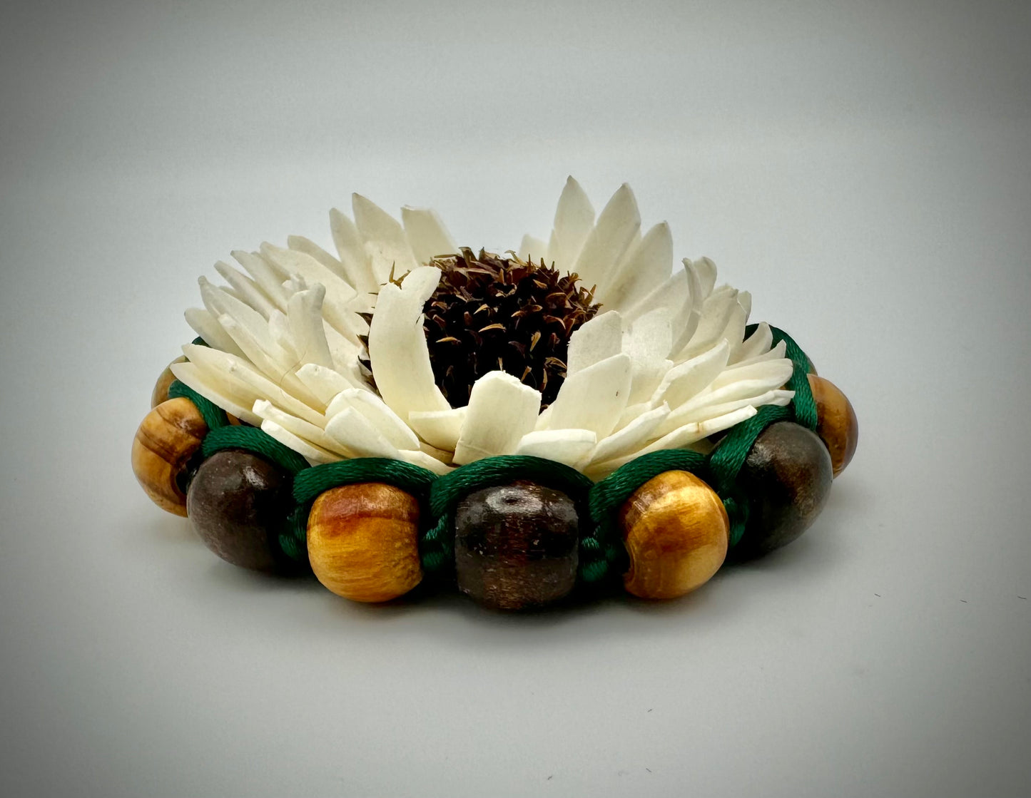 Wooden Stained Beads Bracelet with Green Silk Macrame Design