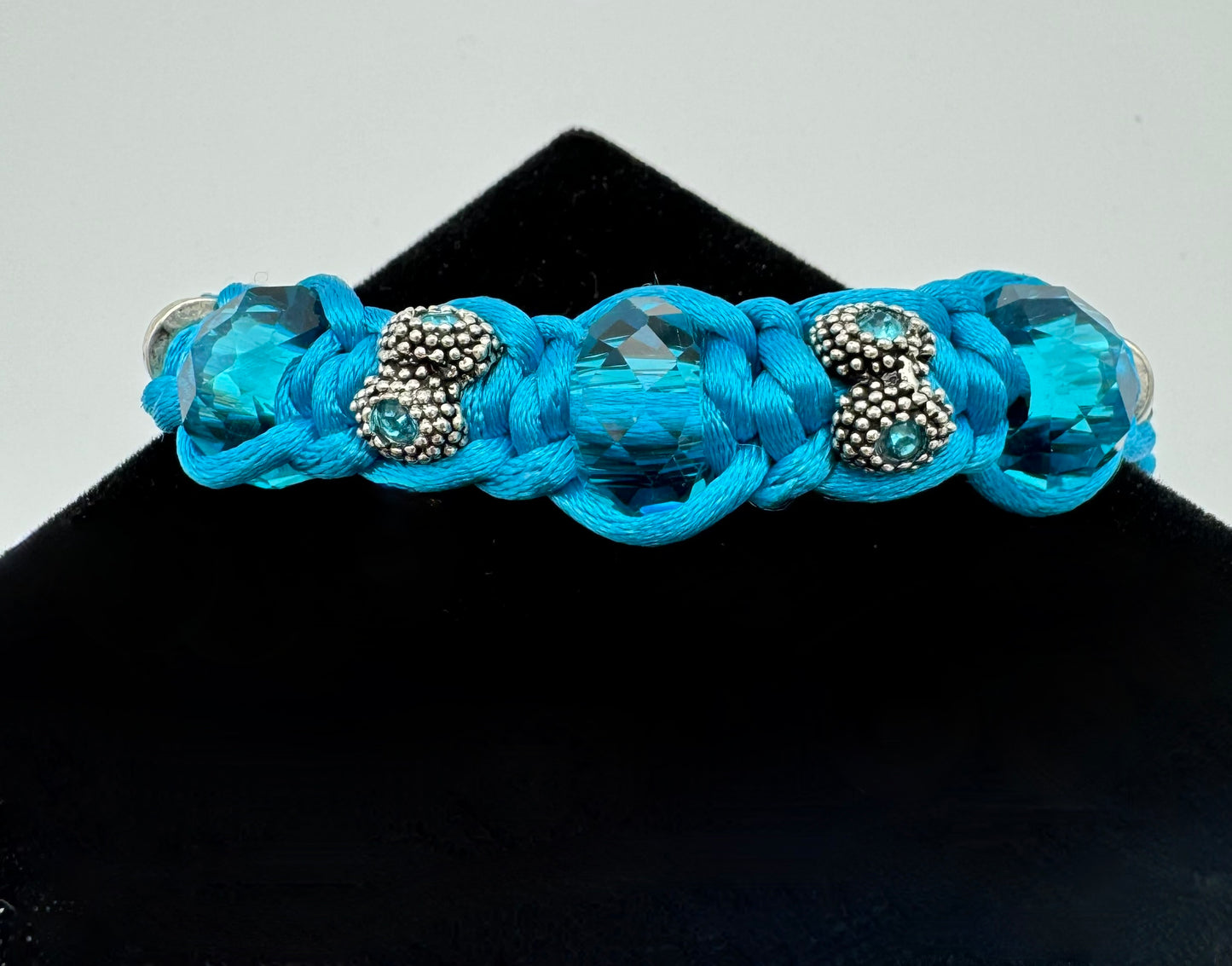 Teal and Silver Filagree; Silk Macrame Bracelet