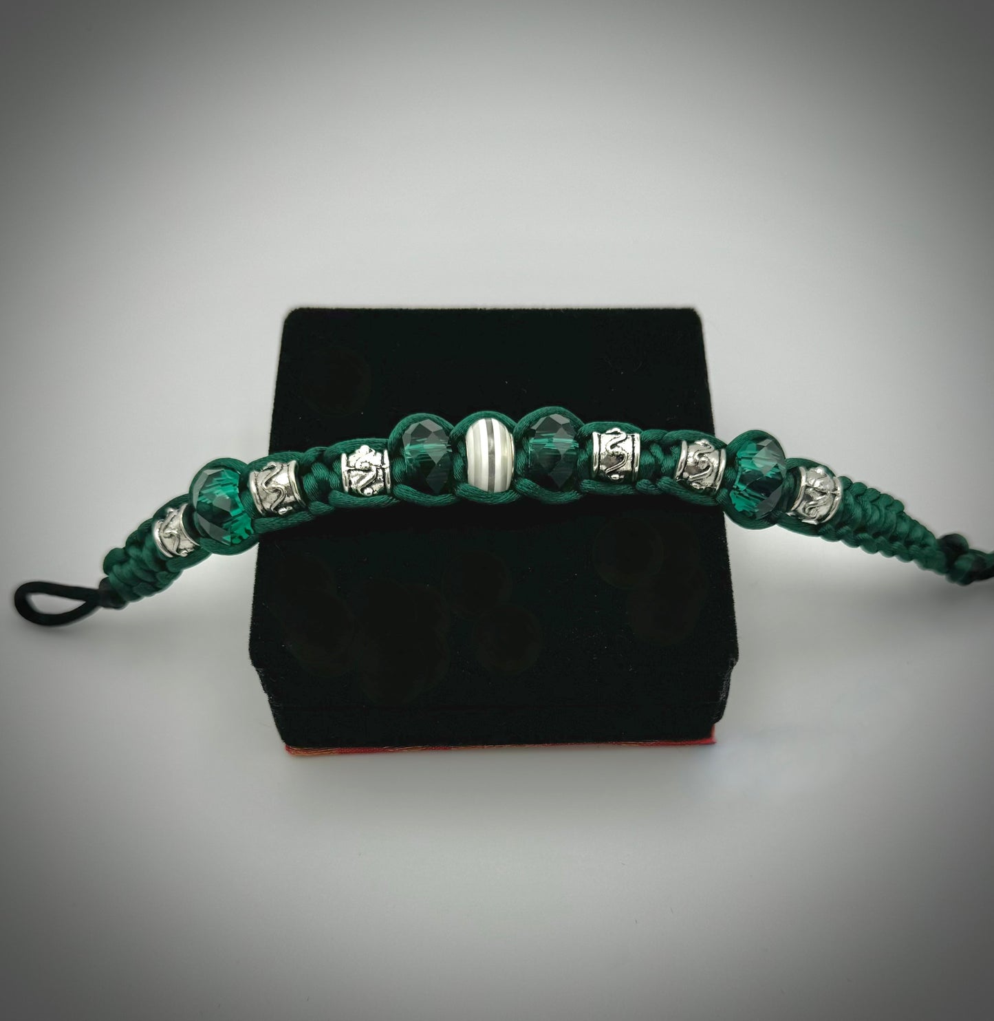 Green and Silver Beadwork; Silk Macrame Bracelet