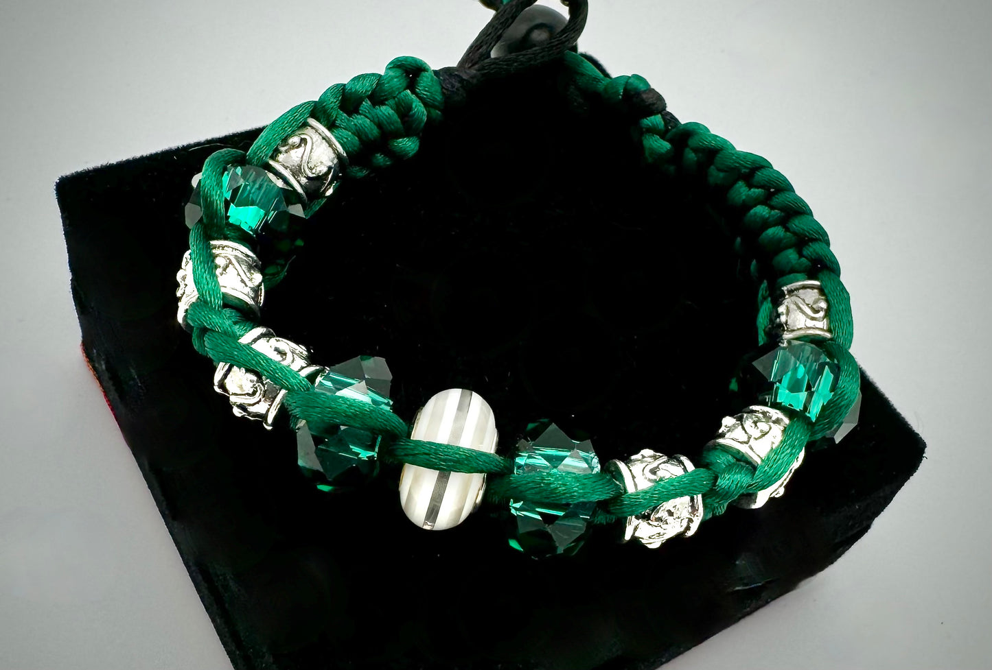 Green and Silver Beadwork; Silk Macrame Bracelet