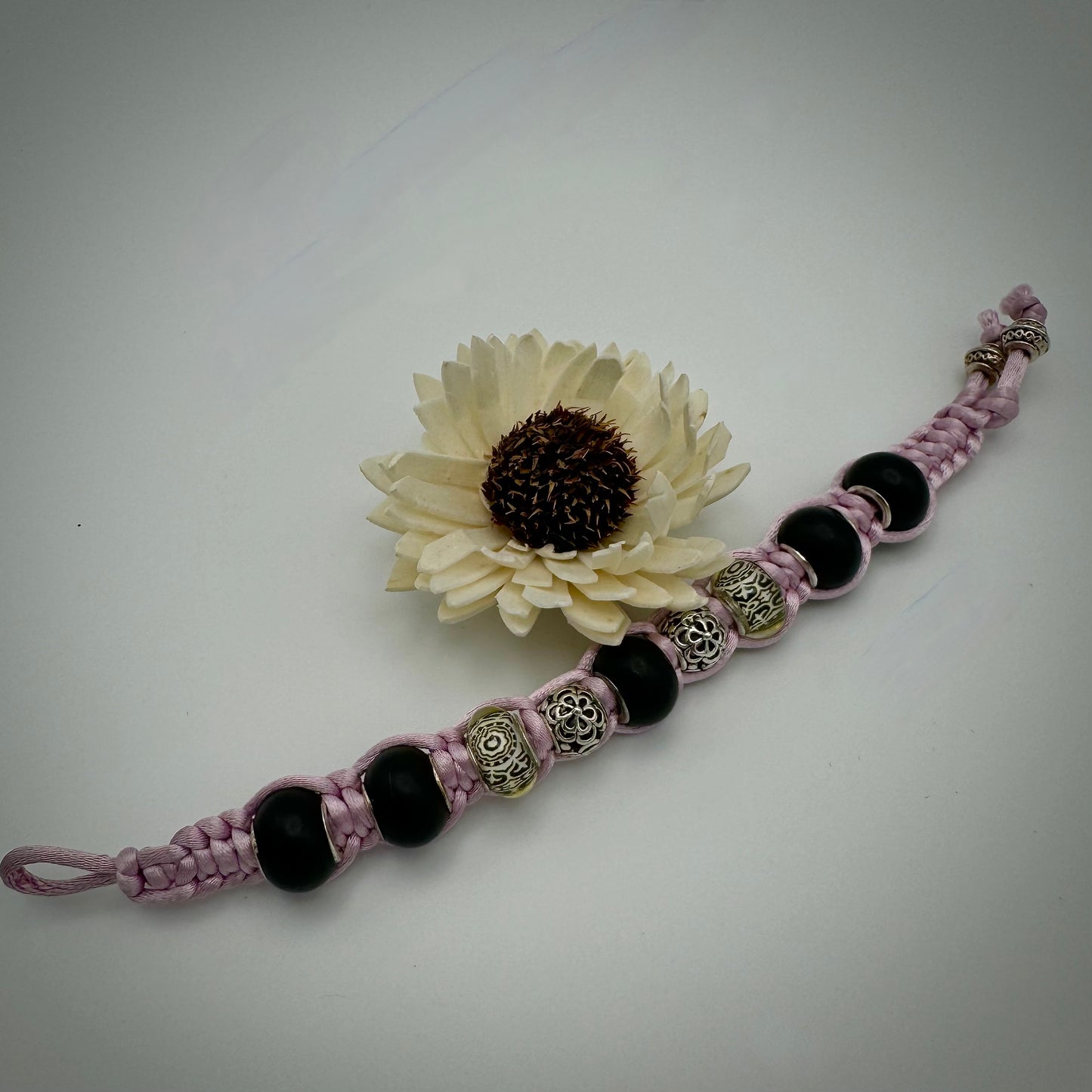 Pale Purple, Black, and Silver Silk Macrame Bracelet