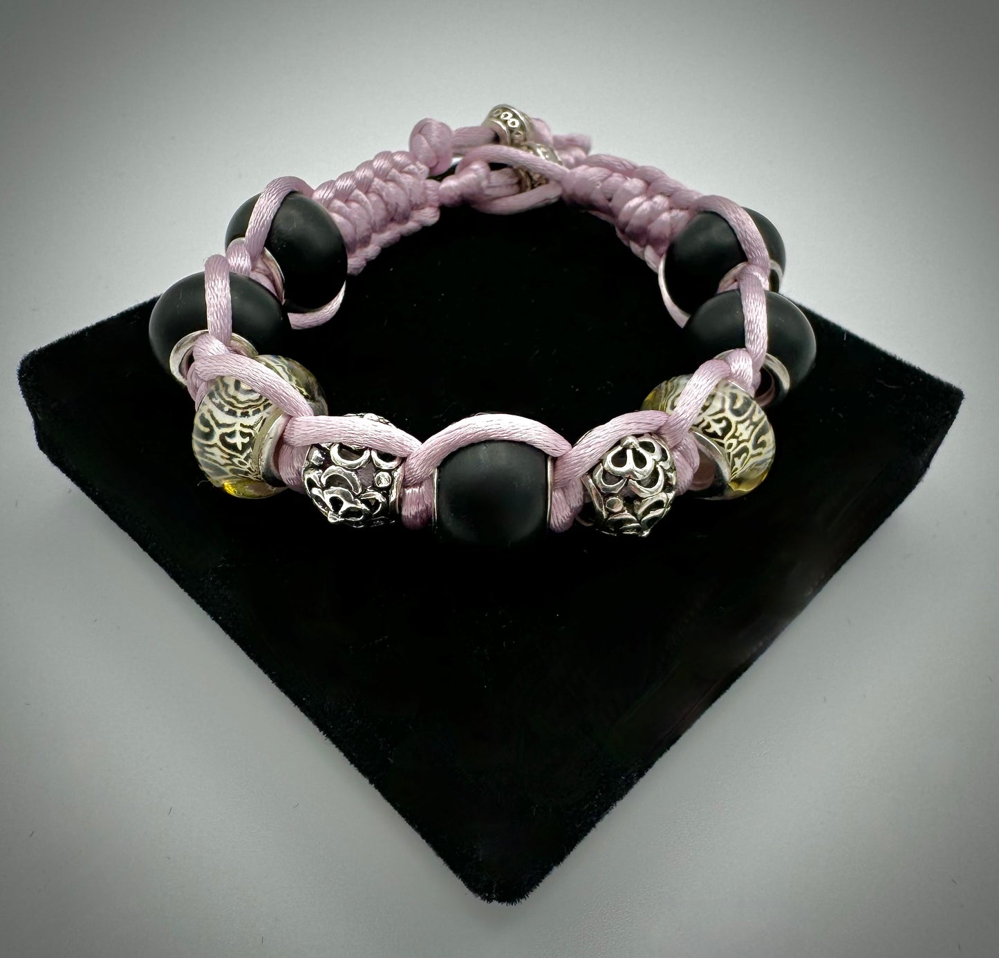 Pale Purple, Black, and Silver Silk Macrame Bracelet